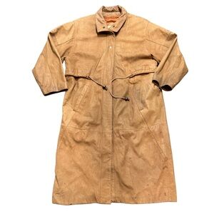 Boundary Waters Leather Long Coat PL Petite Large Tan Cinch Waist Lined Vintage